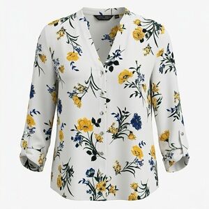 Dorothy Perkins V Neck Roll Sleeve Off White with Florals Blouse - Women’s US 16